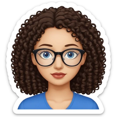 a woman, 30 years old, light skin with dark brown curly hair. eyeglasses. Black top. blue eyes. sticker