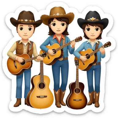 Icon for Country Music: A collage featuring Eagles as a band, Ricky Nelson, and Linda Ronstadt. Acoustic guitars, banjo, cowboy hats and a vintage Americana aesthetic evoke the spirit of classic country and country rock. Warm earthy tones. Transparent background. sticker