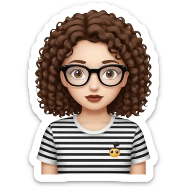 I want to describe me. I am a girl with brown hair amd curly hair. I have brown eyes and black glasses and long lashes with mascara. My lips are medium and my nose as well. I wear a white T-shirt  with black stripes. I am white skin with long curly hair sticker