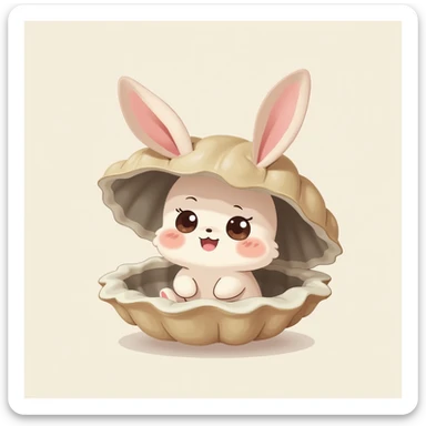 cute oyster, surprised expression, cream color, pink cheeks, doe eyes, greige shell, photorealistic style sticker