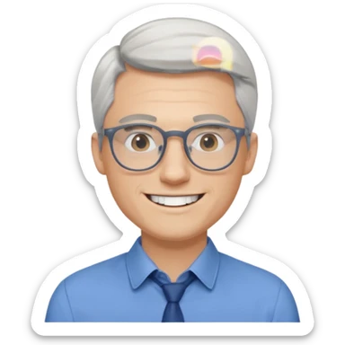 30 yr old pale white man, white/grey side swept stylish hair, round glasses, big smile, white teeth, handsome, longer hair, thin glasses, blue dress shirt sticker