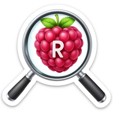 A raspberry R letter holds a magnifier sticker