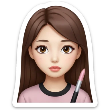 “korean straight long brown hair Emoji girl, soft eyeliner and blush, gradient lips, light brown shimmer eyeshadow sticker