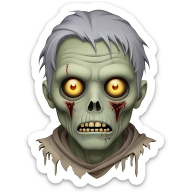 Cinematic Noble Zombie Portrait Emoji, Surprisingly dignified and somber, with a decaying yet strangely regal visage in ashen grays and muted tones, draped in tattered attire hinting at a lost grandeur, simplified yet meticulously detailed, glowing with a soft, eerie radiance and a gentle outline that evokes the tragic nobility of the undead! sticker