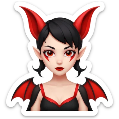 demon girl, skin red (no pale/blush), black hair, small horns, pointed ears, bat wing, black open-back dress, bold black outlines, red+black palette sticker