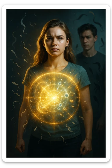 A hyper-realistic, cinematic image showing a young woman with a glowing, radiant aura symbolizing a very strong immune system. She stands confidently, surrounded by a dynamic shield of light particles and molecular energy swirling around her body, especially focused around her abdomen and chest. Against this luminous barrier, faint translucent representations of parasites—small worm-like and protozoan shapes—attempt to approach her but are visibly repelled or disintegrating upon contact with the shield. Nearby, a young man representing her boyfriend is shown with subtle, shadowy parasite silhouettes near him, some reaching toward her but unable to penetrate her immune defenses. The background is softly blurred to keep the focus on the energetic battle at the forefront, with cool blues and warm golds contrasting to symbolize health, vitality, and defense. The lighting is dramatic yet hopeful, with a cinematic 35mm film style emphasizing sharp detail on her determined face and the swirling protective energy. The overall tone conveys resilience, protection, and the unseen battle inside the body. sticker