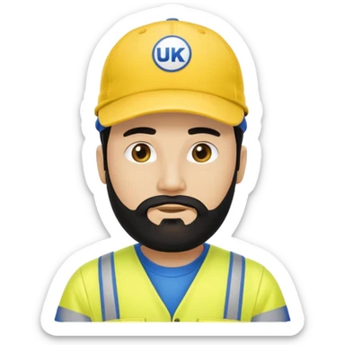 Man in yellow hi vis overalls, with black hair and full beard, wearing blue baseball cap saying UKPN sticker