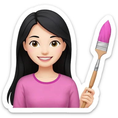 Painting women. smilling   Long black hair,  lunette peinture top pink, pinceau sticker