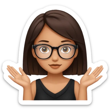 a cute brunette girl in a black dress wearing glasses  with two hands  sticker