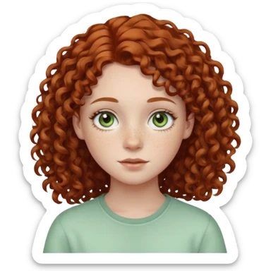 pale teen girl with light green eyes and freckles that has curly auburn hair in a middle part sticker