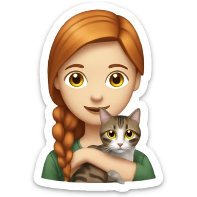 red haired girl with green eyes holding a brown and gray tabby cat with yellow eyes sticker