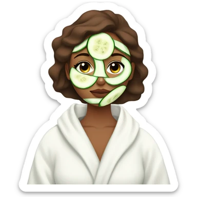 Girl with freackles Brown hair white skin and blue eyes wears Green colored texture skin care mask all over her face while She relaxes and puts two round piece of cucumber on her closed eyes In a white Robe sticker