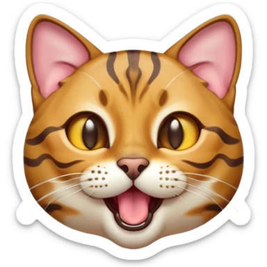 Cinematic Cute Bengal Cat Portrait Emoji, Head tilted playfully and yawning, sleek spotted brown and gold tones, Simplified yet adorable features, highly detailed, glowing with a warm, friendly glow, high shine, curious and affectionate, stylized with a touch of whimsy, bright and alert, soft glowing outline, capturing the essence of a mischievous yet loving kitten, so endearing it feels like it could leap out of the screen and stretch! sticker