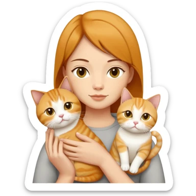 Straight short hair ear length in dark brown , skin tone honey . holding 3 cats - 1 ginger cat , 1yellow white cat , 1 cream color cat British short hair same size  sticker