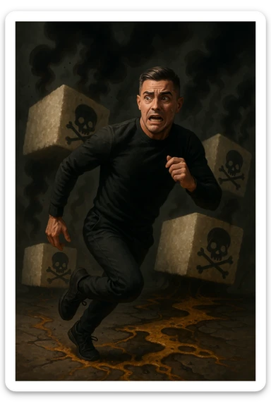 Create an image of a man in his thirties inspired by the face in the reference photo, fleeing with a scared expression. He is running away from huge stylized sugar cubes depicted as toxic, with dark halos, poison symbols like skulls, and black smoke. On the ground, there are traces of sugar melting and corroding whatever they touch. The man appears determined to escape, dressed in sporty or casual clothes. The atmosphere is dark but dynamic, with strong symbolism of sugar as a harmful substance. sticker