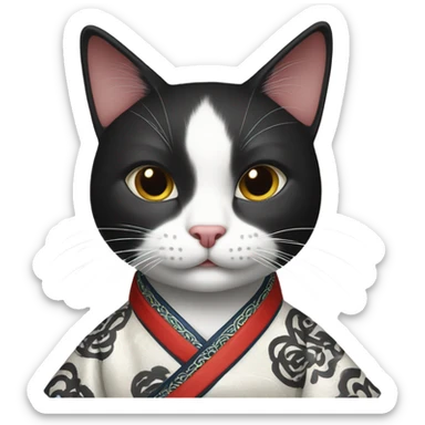 black and white cat wearing chinese clothes  sticker