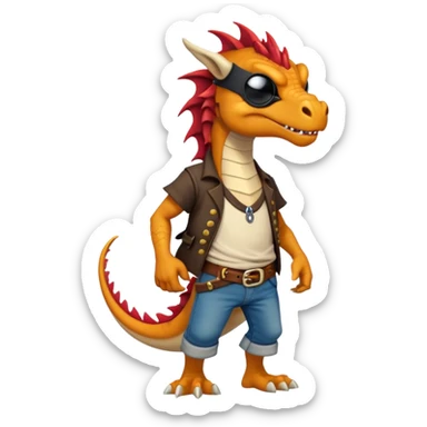 friendly anthropomorphised dragon in a band t-shirt and jeans wearing a pirate eye-patch walking upright sticker