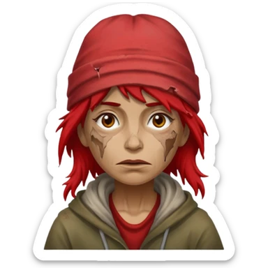 very dirty looking homeless woman with ripped red hat with ugly hair sticker