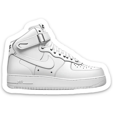 Pair of white Nike Air Force 1 sneakers, one showing the side profile and one showing the front sticker