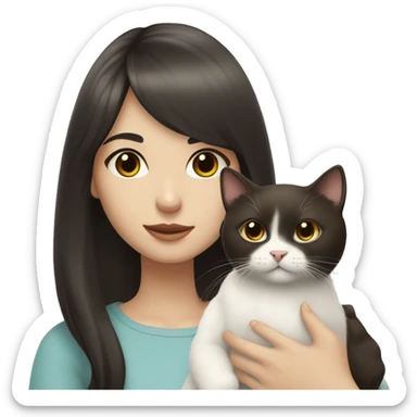A pale girl with dark brown hair and dark brown eyes and bangs holds a white cat in her hands and looks at cat sticker