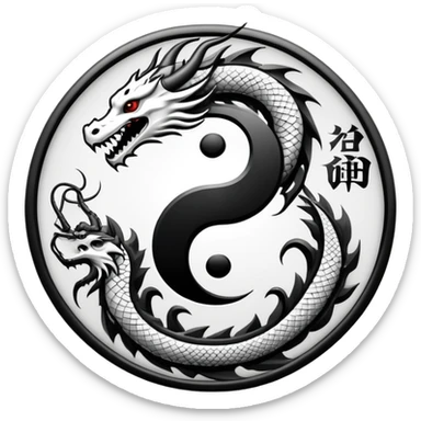 An icon symbolizing Eastern martial arts in the style of an emblem, featuring a black-and-white Yin-Yang symbol and a dragon at the center, surrounded by elements like a dojo. Transparent background highlights balance and power. sticker