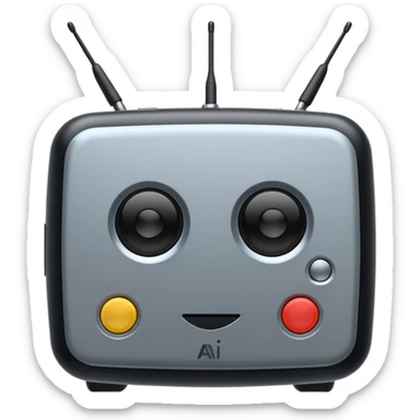A simple 2d TV box facing the camera that has simple text 'AI' on its screen. The TV has antennas on it.  sticker