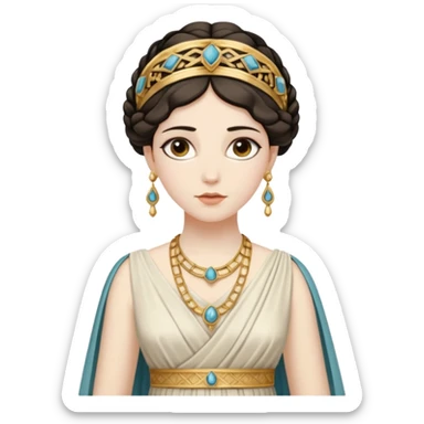 An emoji portrait of a Greek noblewoman. She wears a peplos dress with intricate folds and gold jewelry. Her expression is calm and intelligent. sticker