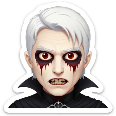 Creat a young man Vampire with white skin and white hair and full black vampire clothes and bloody eyes and long fangs and scary dead eyes sticker