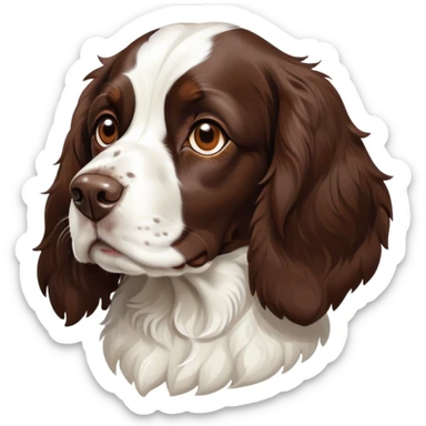 Cinematic Noble Springer Spaniel Portrait Emoji, Poised and regal, with a medium build and a glossy, well-groomed Fur of rich liver and white, deep-set soulful brown eyes, Simplified yet sharp and sophisticated features, highly detailed, glowing with a soft, dignified glow, high shine, intelligent and alert, stylized with an air of grace, focused and attentive, soft glowing outline, capturing the essence of a watchful and confident companion, so majestic it feels as though it could bound out of the screen with effortless authority! sticker