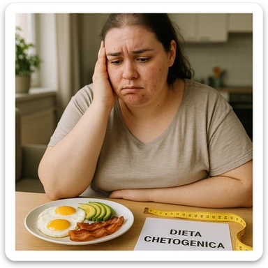 hyperrealistic 4K image of a woman with PCOS wearing loose clothes but with a slightly overweight body, face with acne and chin hair, thin hair. In front of her a ketogenic plate (eggs, avocado, bacon), a clearly visible tailor's measuring tape on the table, a sheet with the text 'DIETA CHETOGENICA', frustrated expression, realistic domestic environment. sticker