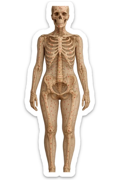 donna realistica a figura intera con red spot sparsi alle ossa, ossa visibili sul corpo, iperrealistico 4k sticker