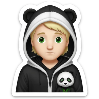 A white man with green eyes, medium-length blond hair, wearing a panda hoodie and black pajama-like robes. sticker