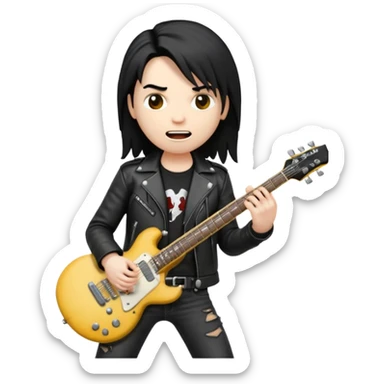 3D Apple-style emoji of a metal musician holding an electric guitar with a bold "ROCK" sign above. Long hair, black leather jacket, ripped jeans, intense expression. Rounded, glossy, smooth, soft shadows, white background.











 sticker