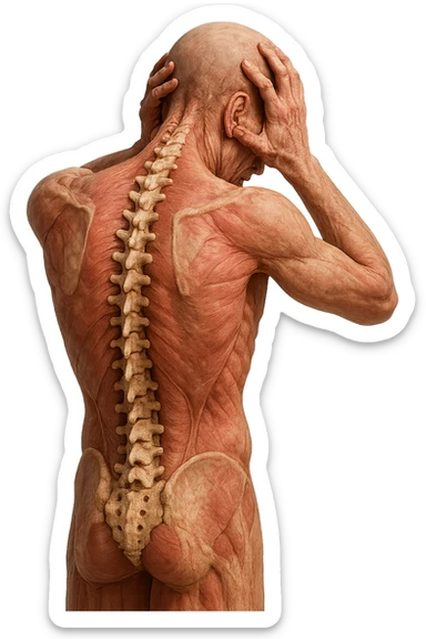 CORPO UMANO ANATOMICO con spina dorsale in evidenza, molto stanca e stressata mentre si tiene le mani sulla testa, IPERREALISTICO 4K sticker