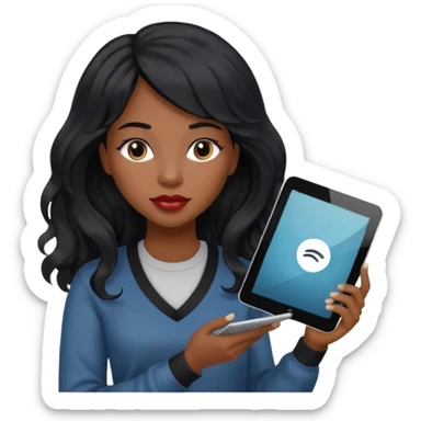 A young woman with long black hair, a wavy frange falling on half of her head.  She's black, medium to dark skinned with thick lips. She's holding something that let's us know she's the CEO of a creative agency, but she's wearing casual clothes. she has long eyelashes. sticker