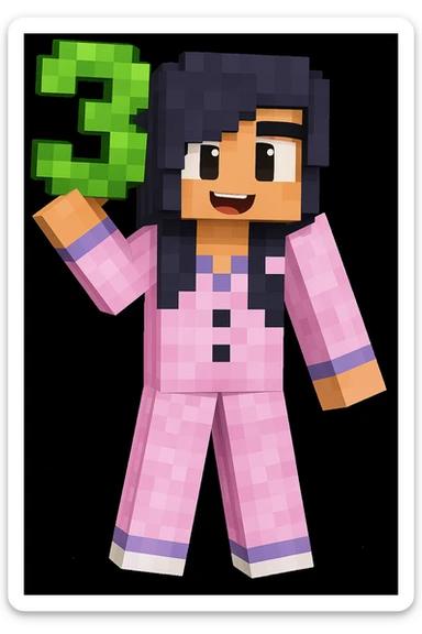 Add the number 3 held in the character's hand, keeping the original Minecraft cartoon style and pose exactly the same, only add the number 3 without changing anything else. sticker