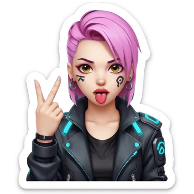 Woman with her tongue out in cyberpunk clothing and giving the middle finger. Looking naughty. sticker