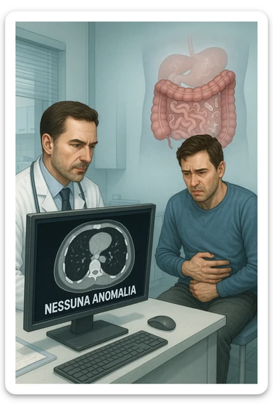 Medico in camice bianco in uno studio moderno, mentre osserva una TAC o ecografia su uno schermo con espressione convinta. Accanto a lui, un paziente seduto che lamenta dolori intestinali. Sullo sfondo, un’immagine traslucida dell’intestino pieno di piccoli parassiti stilizzati (vermi, protozoi), non visibili nel monitor medico. Il monitor mostra 'nessuna anomalia', ma dietro c’è la realtà invisibile. Atmosfera clinica ma con contrasto simbolico tra 'ciò che si vede' e 'ciò che sfugge'. Colori freddi, luce ospedaliera in italiano sticker