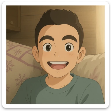 Turn this portrait photo of a smiling boy into a Ghibli-style illustration, keeping the pose and expression, with soft colors and gentle lighting. sticker