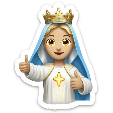 blessed virgin mary with one hand thumb up, with white skin, with blue veil and white clothes, with crown, with halo, with light brown hair sticker
