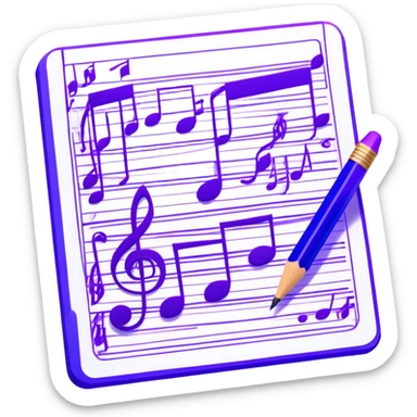 Emoji that represents music track writing. The design should feature a music composition sheet with musical notes and song lyrics, a digital audio workstation (DAW) interface or soundwaves, and a pencil or pen to symbolize the writing process. Add a touch of technology with subtle elements like sound mixing sliders or waveform graphics. Use a blend of vibrant and inspiring colors, such as electric blue or neon purple, to evoke a sense of creativity and innovation. The background should be transparent. sticker