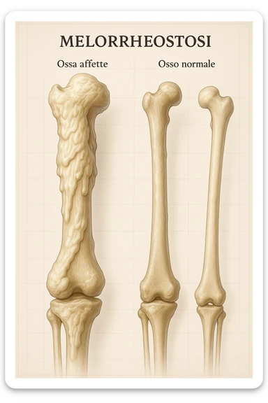 A highly realistic medical illustration focusing on a human arm and leg bones affected by melorheostosis. The bones appear visibly thickened, irregular, and larger than normal, with clear, layered bone growth resembling melted wax dripping down the side of the bones. The image shows a side-by-side comparison with a healthy bone for clarity, highlighting the difference in size and texture. The color palette includes neutral bone colors with subtle shading to show the abnormal contours and ridges. The background is clean and minimalistic, with faint anatomical grid lines for a scientific, educational feel. The overall mood is informative and precise, conveying the key visual characteristic of melorheostosis: progressive bone thickening that makes bones visibly larger and irregular. in italiano sticker