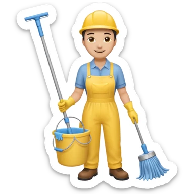 Custodian with yellow rubber gloves, mop sticker