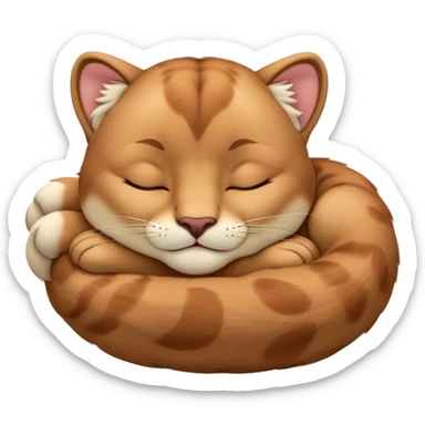Meme-Worthy Cute Sleeping Cougar Portrait Emoji, Head resting peacefully with a contented smile, showcasing a lithe build and a luxuriously soft tawny Fur, eyes shut in a serene, restful nap, Simplified yet hilariously adorable features, highly detailed, glowing with a soft, drowsy light, high shine, relaxed and utterly lovable, stylized with an air of playful laziness, bright and heartwarming, soft glowing outline, capturing the essence of a comically sleepy cougar, so meme-worthy it feels like it could instantly become the next viral sensation of adorable slumber! sticker