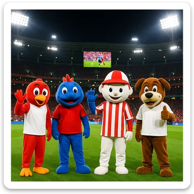 A modern soccer stadium at night, field lit by bright lights, five mascots in colorful costumes (red and white left, blue and red center, white and red striped, brown and white right) stand on green grass. Red seats, a large screen with a soccer match, visible crowd, and a vibrant, fun, team-spirited atmosphere. sticker