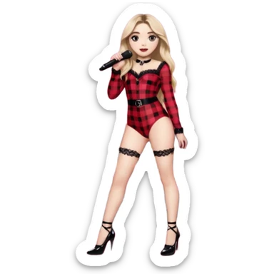 Sabrina carpenter singing at concert wearing a black and red plaid bodysuit a red sheer top over it , a strip of black lace around her leg, black sparkle heels. there is a  huge crowd and light pink stage setting  sticker