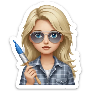 girl with long blond messy hair, wearing grey plaid shirt with blue eyes and aviator sunglasses wearing a ring on her silver necklace, holding a paint brush roller with white paint on her face sticker