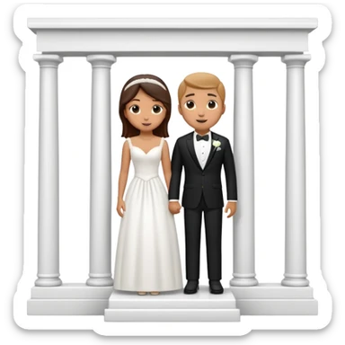 A 3D cartoon photo frame showing a formal courthouse wedding scene with a bride and groom standing together in front of white columns, neutral background, elegant lighting, realistic Memoji-style. sticker