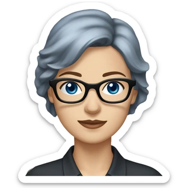 Caucasian woman with chin length choppy dark blue hair and grey-blue eyes wearing light grey square-shaped glasses and a black collared shirt sticker