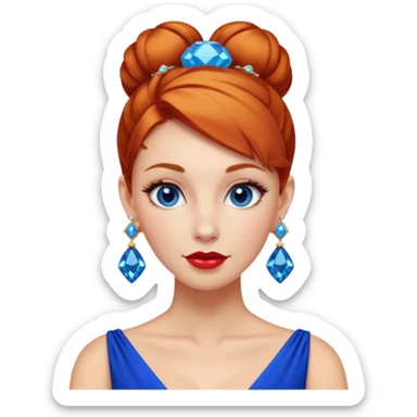 gem lover woman with gem accessories excessive amount very big gem earrings ginger bun hair and redbluediamonds sticker